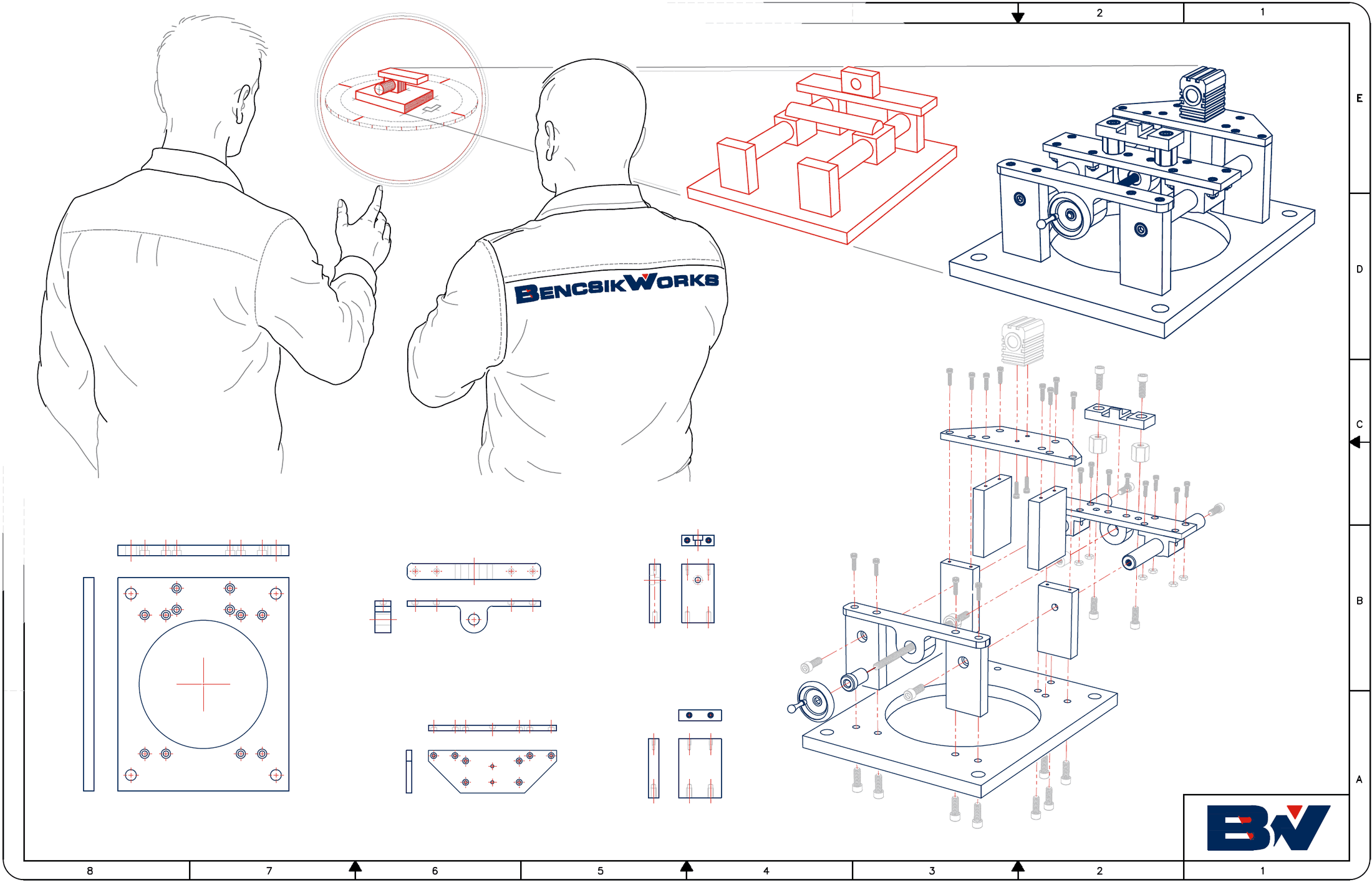 One BencsikWorks sheet: a customer's idea heard, solved in primitives, resolved in full, exploded with hardware, and documented in 2D part views